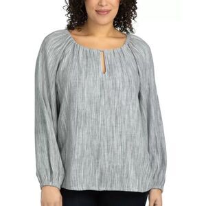 BOSTON TRADERS Black Striped Sz XL Linen Blend Long Sleeve Keyhole Shirt NEW NWT